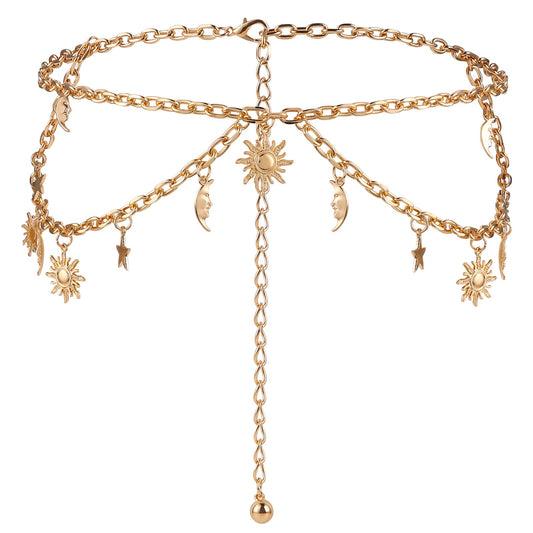 Amaxiu Double Layer Women Metal Chain Belt, Moon Star Adjustable Waist Chain Decorated Metal Link Belt Skinny Waistband Chain for Dresses Jeans(Fits waist size 25"-45",Gold,1)