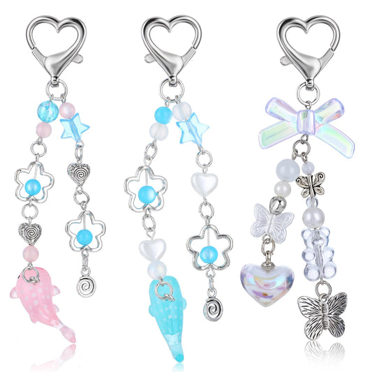 AOZUO 3 x Aesthetic Key Chain Women, Y2K Cute Butterfly Whale Star Key Ring Charms Car Purse Guitar Accessories Pendant Decor, Pink + blue + white