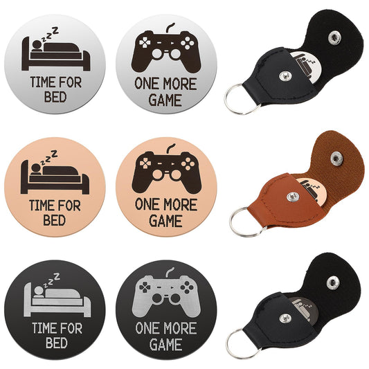 Amaxiu 3pcs Novelty Decision Coins, One More Game or Time for Bed Funny Destiny Flip Coin Decision Maker Pocket Hug Token Leather Keychain Gift for Game Lovers(Rose Gold, Silver, Black)
