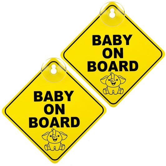 Bewudy 2 PCS Baby on Board Car Warning Sign, Baby on Board Sticker Sign for Car Warning with Suction Cups, Baby in Car Sticker for Car Reusable Baby on Board Sticker Yellow (Elephant)