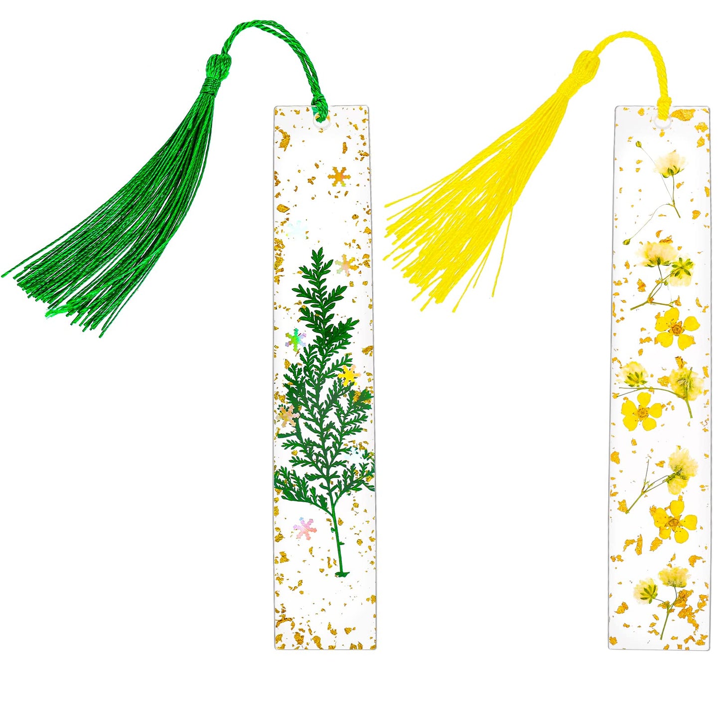 cobee Resin Dried Flower Bookmark, 2 Pieces Transparent Pressed Flower Bookmark Handmade Floral Page Marker with Tassel Cute Bookmark for Women Kids Book Lovers Gift(Green+Yellow)
