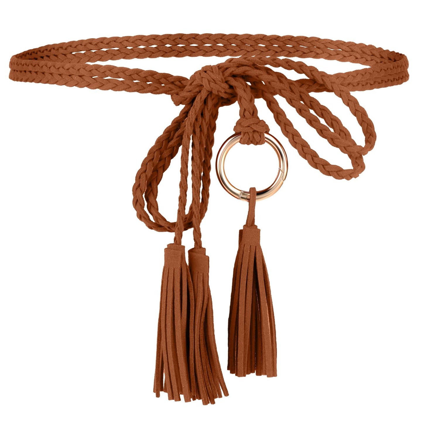 TIESOME Women's Tassel Braided Waist Belt, Skinny Handwoven Belt with Ring for Dress Waist Belt Rope Chain Bohemian Ethnic Style for Women Girls Godness(Brown)