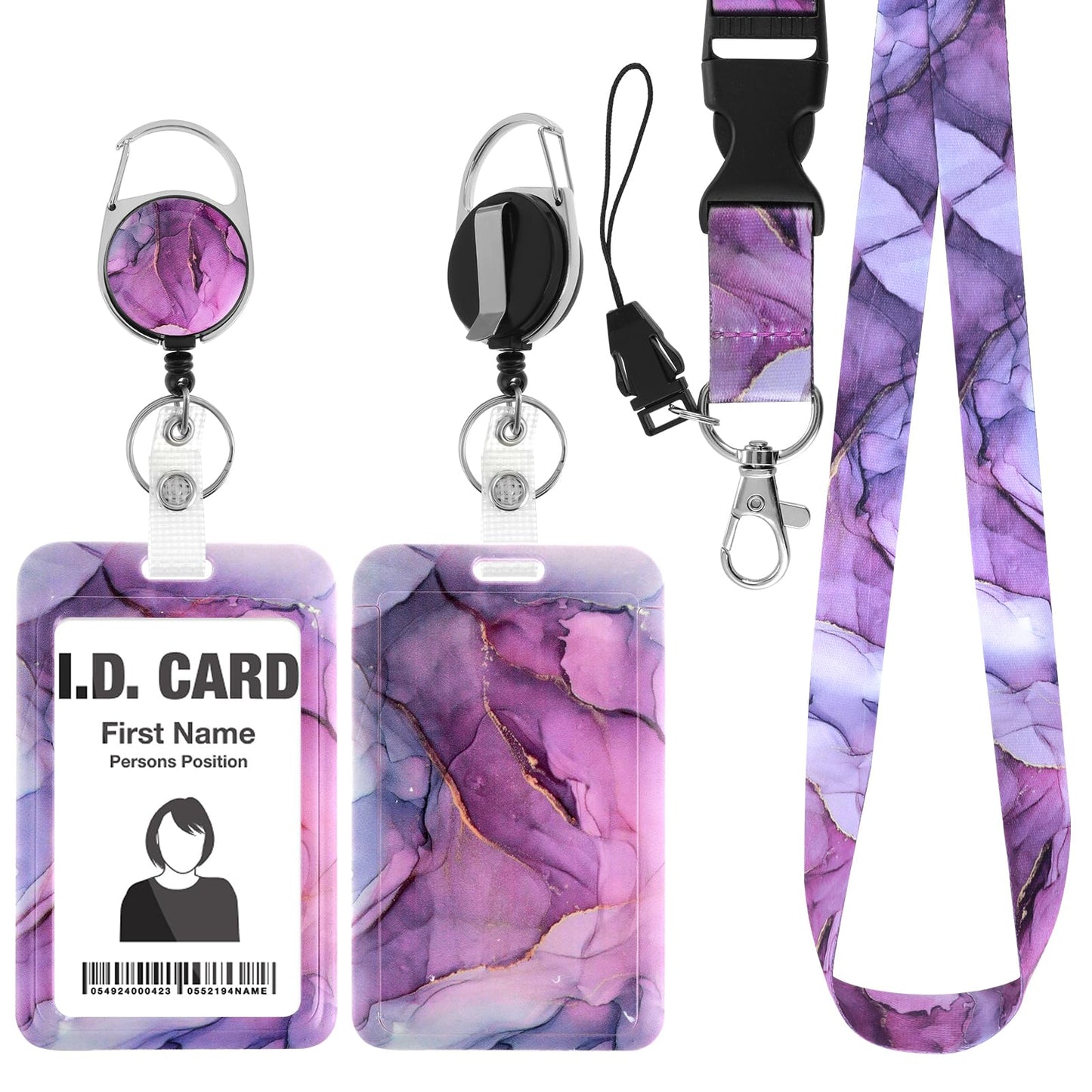 Marble Print Badge Holder, Worker Badge Holder Retractable Badge Reel Clip with Breakaway Lanyard Vertical Card for Nurse Doctor Office School Teacher Name Credit Card Pocket (Purple)