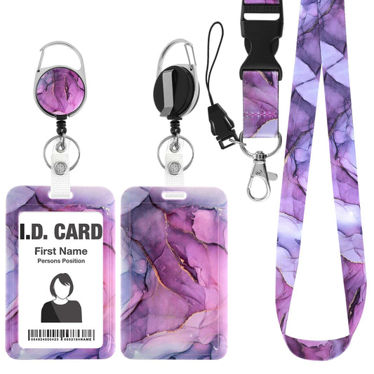 Marble Print Badge Holder, Worker Badge Holder Retractable Badge Reel Clip with Breakaway Lanyard Vertical Card for Nurse Doctor Office School Teacher Name Credit Card Pocket (Purple)