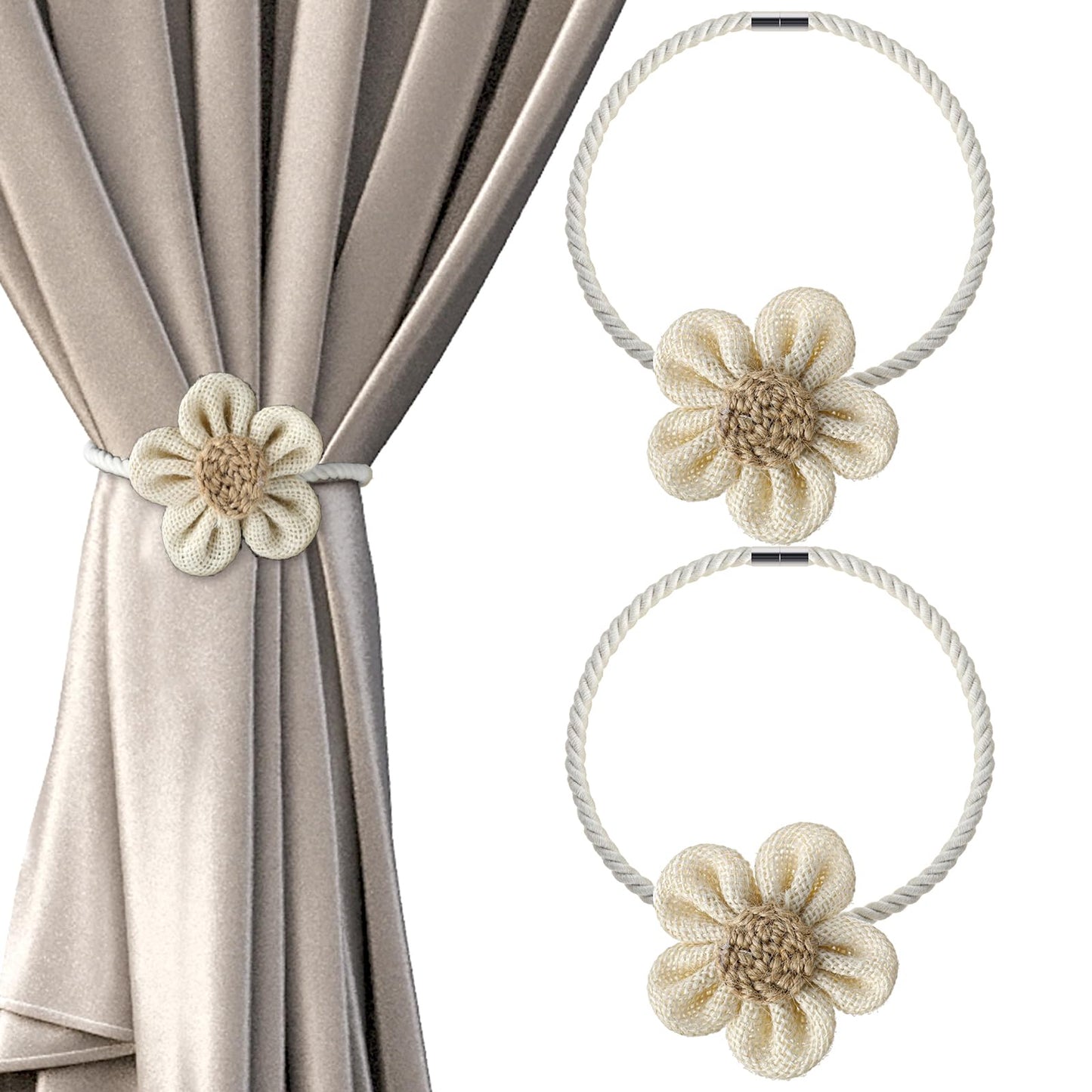 GEEHUA Magnetic Curtain Tiebacks, 2Pcs Flower Drapery Tie Backs Boho Decorative Holdbacks Ropes Curtain Holders for Window Decor Bedroom Office Home