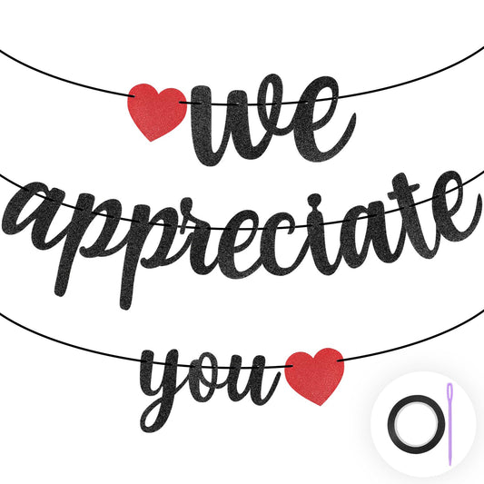 Amabro We Appreciate You Banner, 9.8Ft Glitter Thank You Decorations with Red Heart Appreciation Backdrop Decor for Doctor Nurse Teacher Pastor Staff Employee Office School Party