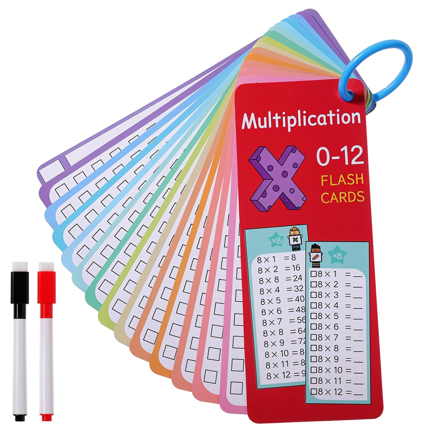 AOZUO 15PCS Times Tables Poster, Times Tables Flash Cards, Multiplication Flashcards 0-12 with 2PCS Dry Erase Markers 1 Ring, Educational Math Numberblocks for 1st to 3rd Grades