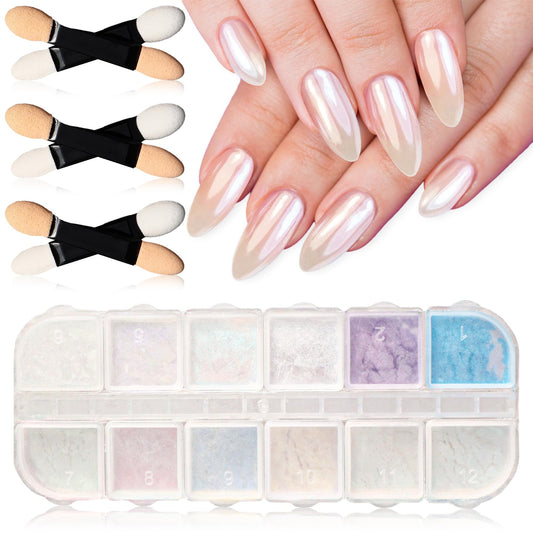 Andibro White Pearl Chrome Nail Powder, 12 Colors Clear Aurora Powder for Nails Glass Ice Transparent Pearlescent Powder Mermaid Pearl Glitter Dust Kit for Gel Nail DIY Nail Art Supplies