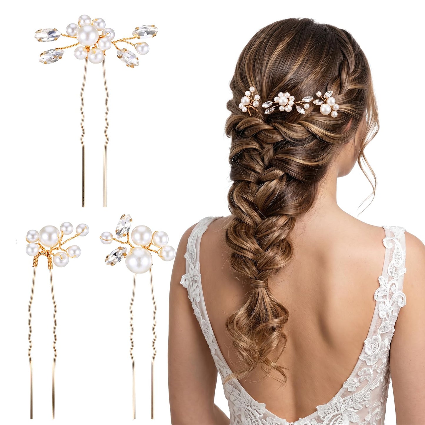Amabro Bridal Wedding Hair Pins Gold Pearl Hair Clips Headpiece Crystal Hair Accessories Women's Rhinestone Golden Hair Clips U-Shaped Hair Accessories Bridesmaids Flower Girl (Pack of 3)