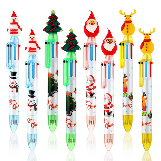 Amaxiu 8pcs Christmas 6 in 1 Multicolor Ballpoint Pens, Retractable Rollerball Pen Xmas Theme Cute Cartoon Novelty Snowman Reindeer Tree Santa Claus 0.5mm Fine Point Pen for School Party Gift