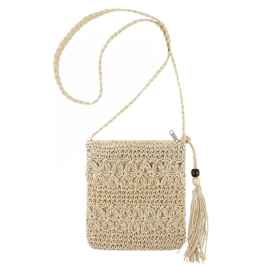Bewudy Straw Bag for Women, Woven Crochet Bags with Tassel, Handmade Handle Tote Bag with Zipper Handbags, Holiday Summer Beach Bags for Women Crossbody Bag (Beige)