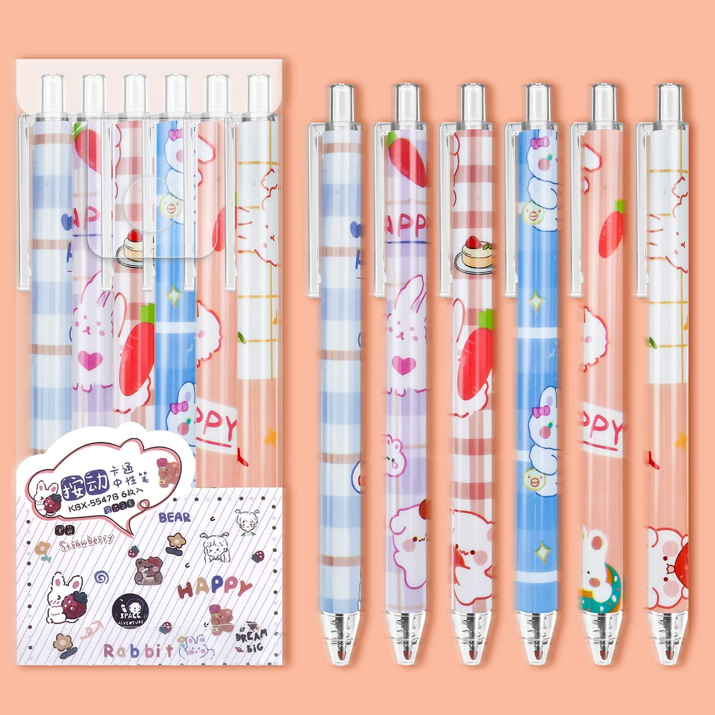 cobee Pure Retractable Gel Ink Pens, 6pcs Cartoon Kawaii School Pens, Fine Point, Needles Tips, Black Ink 0.5mm Pens for Writing Journaling Taking Notes (Little Rabbit)