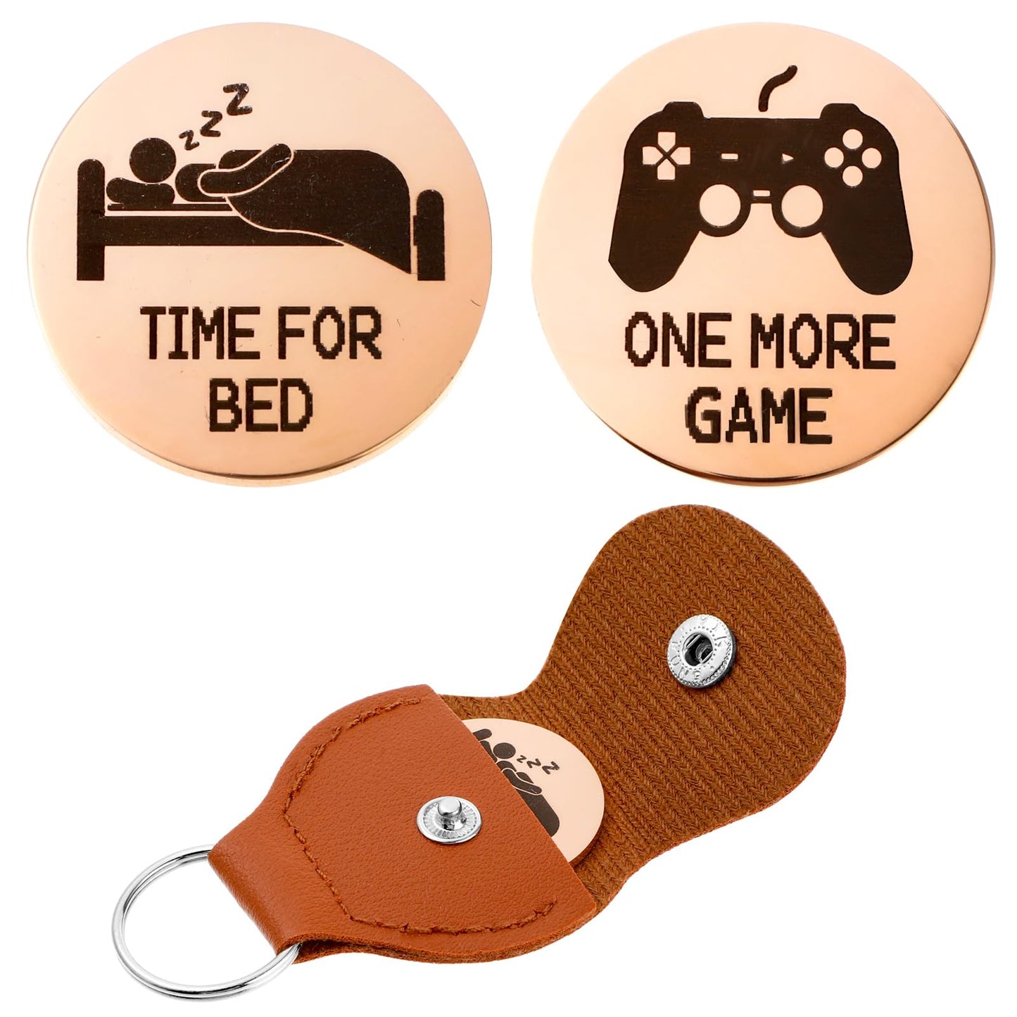 Amaxiu Decision Maker Coins, Pocket Hug Token Double Sided Funny Decision Coins Destiny Flip Coins with Leather Keychain Gift for Game Lovers, One More Game or Time for Bed(Rose Gold)