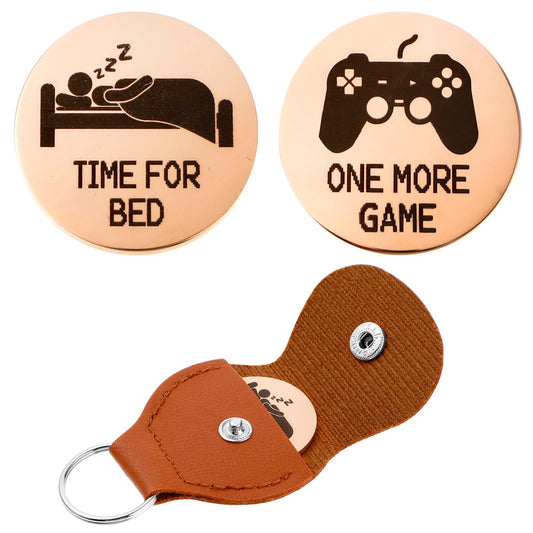 Amaxiu Decision Maker Coins, Pocket Hug Token Double Sided Funny Decision Coins Destiny Flip Coins with Leather Keychain Gift for Game Lovers, One More Game or Time for Bed(Rose Gold)