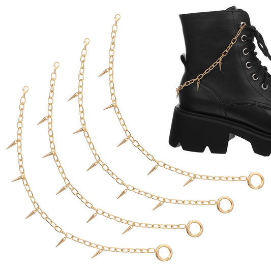 MBAIYO 4 Pcs Punk Boot Chains, Rivet Cone Spike Boot Charms, Gold Metal Shoe Chains Shoe Charms Decorations with Detachable Clasps for Booties Sandals Sneakers