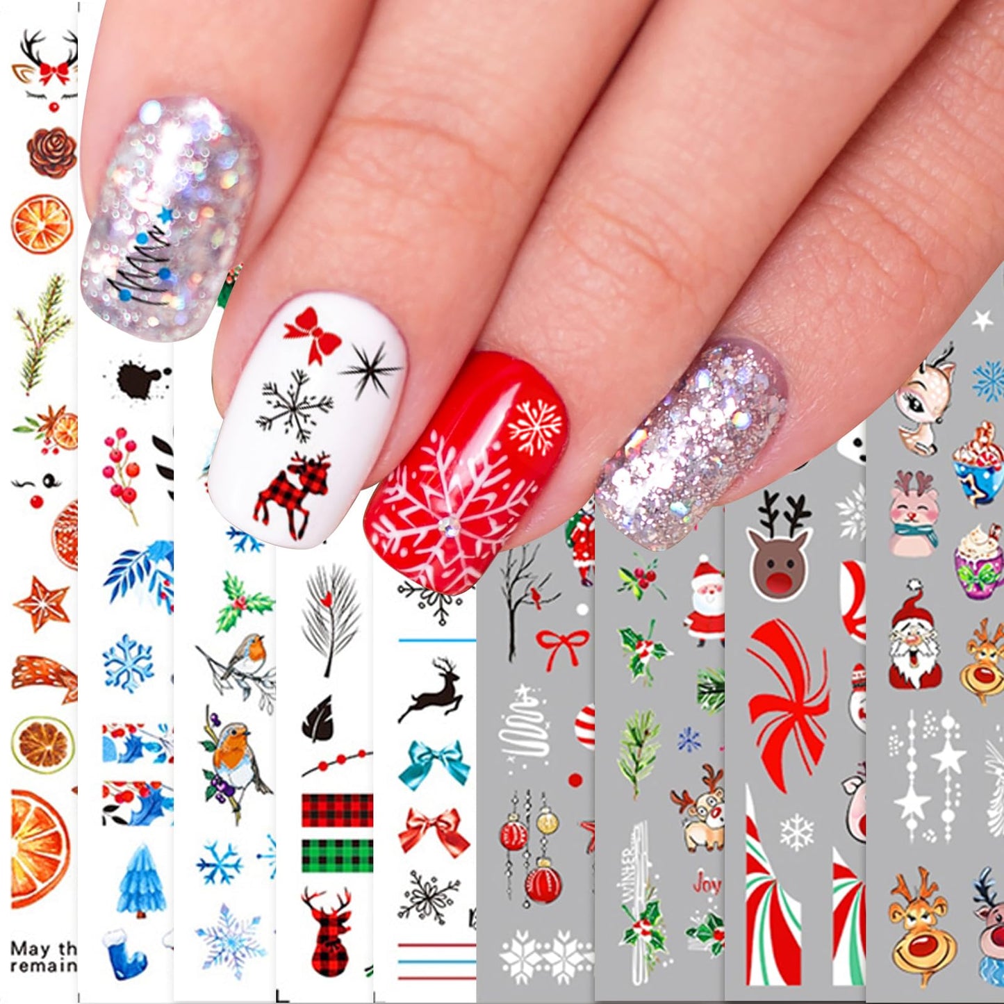 simarro 10 Sheets Christmas Nail Art Stickers Decals, Snowflake Santa Claus Reindeer Snowman Nail Supplies Holiday Nail Art Design Decoration