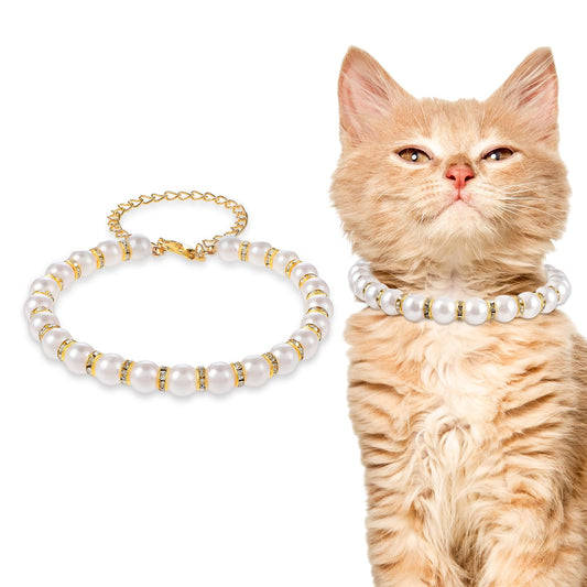 Amabro Collar, Resin Pearl ANIMAL_COLLAR for Small Dogs & Cats, Shiny Retro Effect, Adjustable, Gold