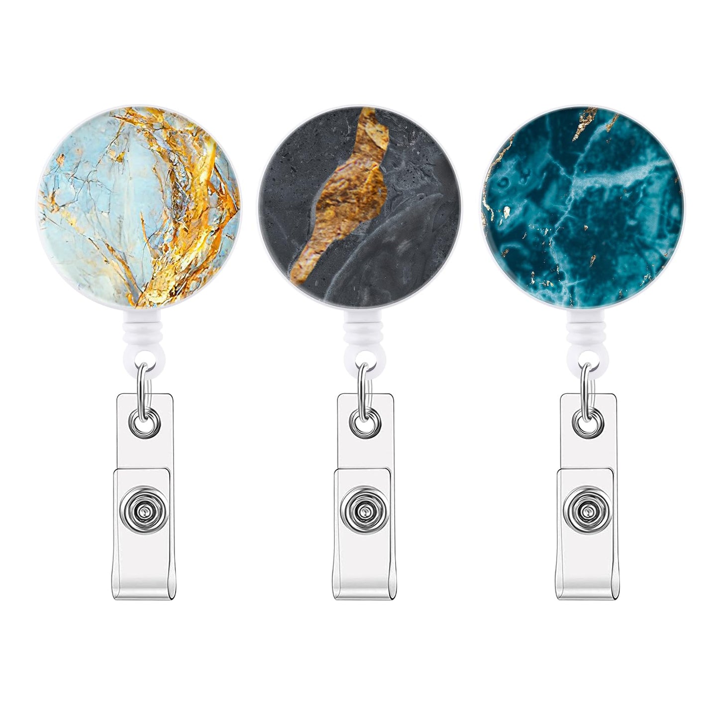 Amabro 3Pcs Marble Retractable Badge Reel Clip, ID Card Badge Holder Clip Heavy Duty Cute Name Card Holder Durable Nylon Cord Belt Clip for Nurse Doctor Worker Student Office Staff