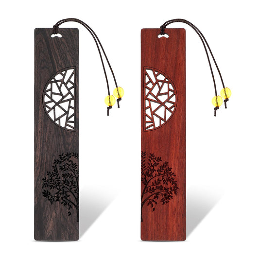 Amaxiu 2PCS Wooden Bookmark for Book Lovers, Vintage Handmade Bookmark with Gold Pendant Natural Wooden Carving Book Mark Traditional Style Book Marks Accessories
