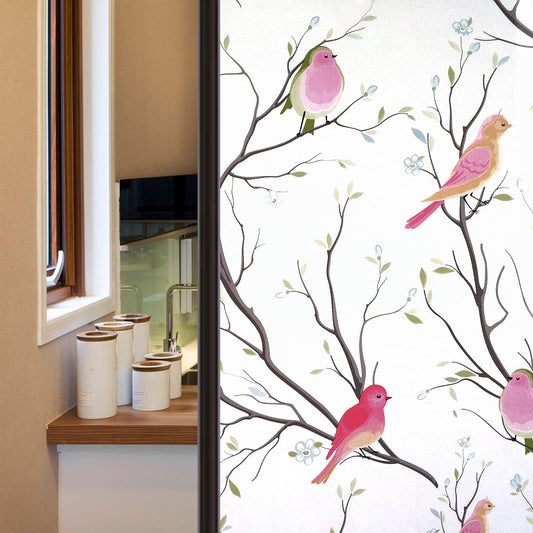 Molain Frosted Tree Branches Birds Window Clings, Privacy Window Film Glass Opaque Sun Blocking Stickers, Static Cling Non-Adhesive, Door Glass Bathroom Office Fridge Decorations