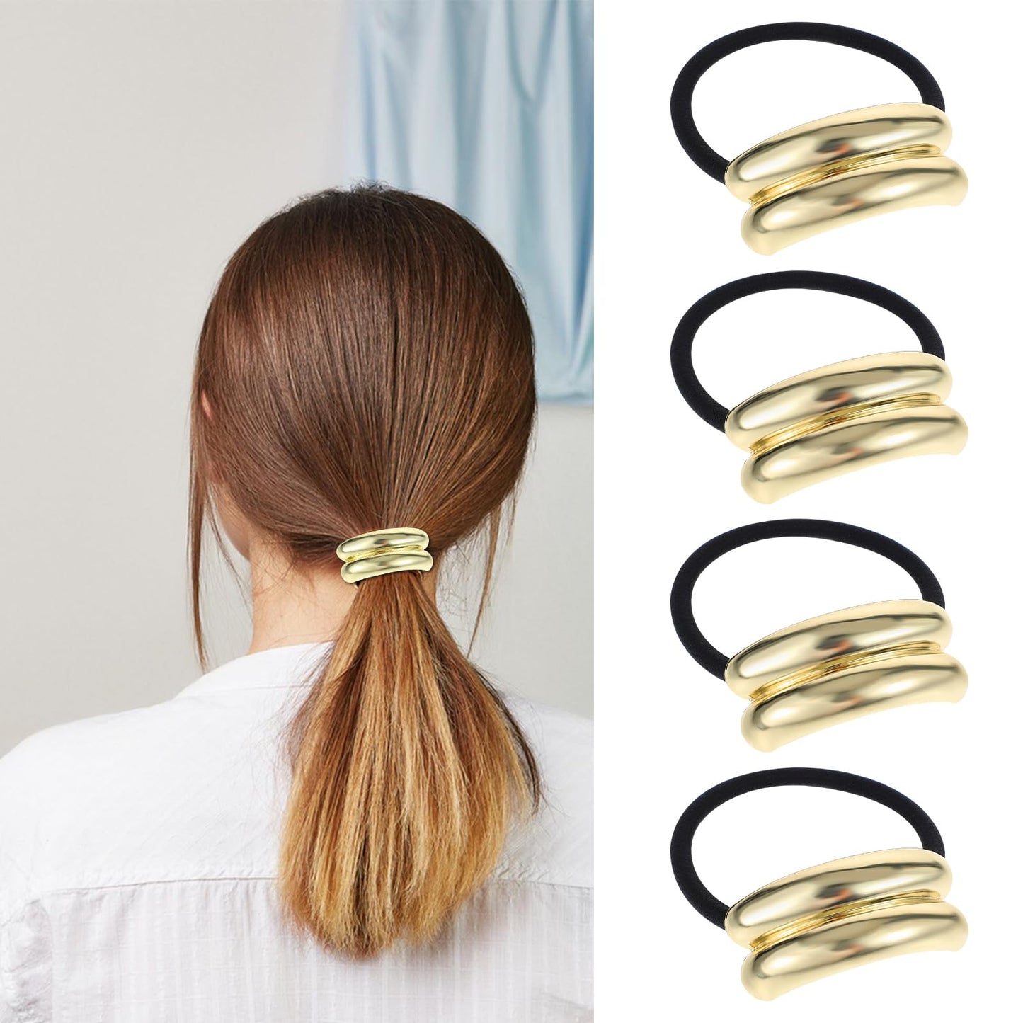 Yuanchu 4Pcs Metal Hair Ties, Gold Ponytail Hair Cuff Metal Geometric Elastic Hair Ties Hair Cuff Wrap Hair Ties Gold Ponytail Cuff