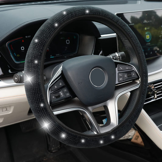 cobee Bling Rhinestones Steering Wheel Cover, 15 Inch Crystal Diamond Sparking Car SUV Wheel Protector Anti Slip Universal Fit Car Steering Wheel Cover Car Interior Decor Accessories(Black Diamond)