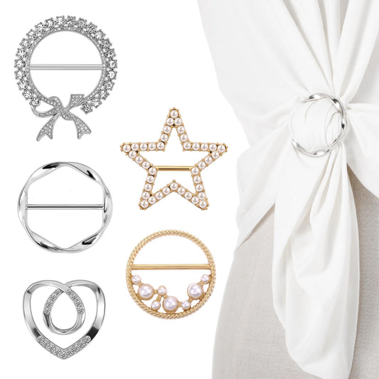 HJZHII 5Pcs Shirt Ties Clips for Women, Scarf Ring Clip, T-shirt Ties Clips Clothes Corner Knotted Button, Metal Round T-Shirt Ring Rhinestone Pearl Clip for Clothing Shawl Ring Corner Knotted Button,