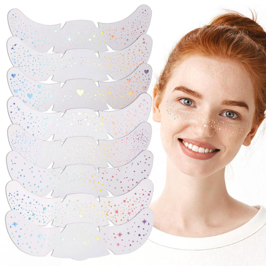 LXUEJIE 16 PCS Glitter Freckles Face Tattoo for Body and Face, 8 Patterns Holographic Multicolor Face Glitter Fake Freckles Sticker Sweatproof Waterproof Glow Up Makeup Patches for Festival Rave