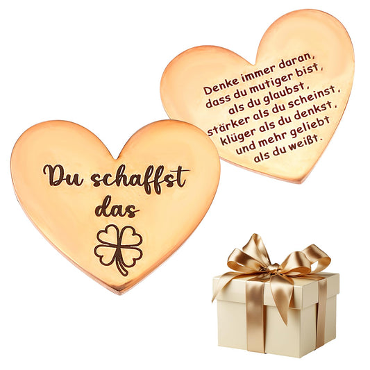 AOZUO Heart Shape Motivational Bag Embrace Lucky Charm Du Schaffst Das Glücksbrenger, Four Clover and Lucky Coin Embrace Coin, Lucky Charm Exam, Gift for Family and Friends