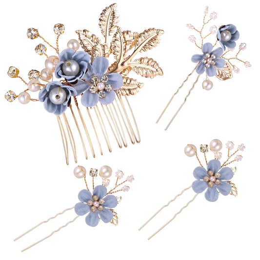 AOZUO Pack of 4 Bridal Hair Accessories Wedding Hair Accessories Blue, Blue Wedding Flowers Hair Combs Pins Bridal Jewellery Beads Hair Accessories French Rhinestone Twist Comb Vintage Hair Forks for