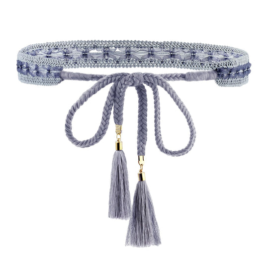 simarro Women Thin Belts with Tassel, Braided Lace Cotton Waist Rope Versatile Bowknot Waist Chain Dress Braided Belt for Dress Clothing Accessories(Grey)