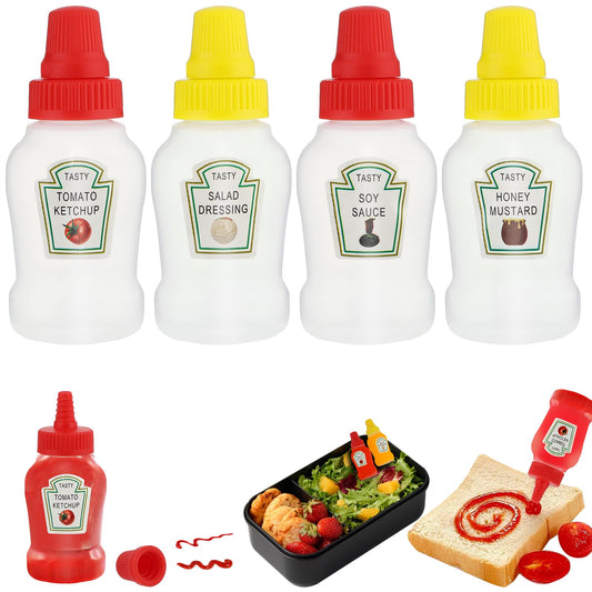 Andibro Mini Ketchup Bottle, 23ml Refillable Plastic Condiment Container Small Squeeze Bottles Dressing Sauce Bottle for Jam Honey Chocolate Cream Syrup Salad Kids Lunch Accessories 4Pcs