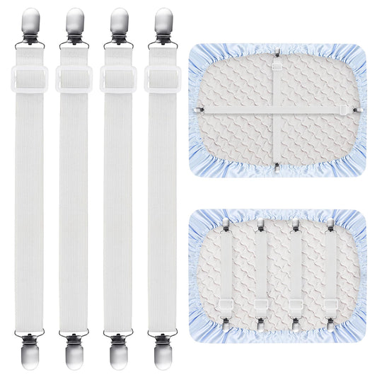 Bewudy 4 Pcs Adjustable Bed Sheet Straps Clips, Elastic Mattress Bed Sheet Fasteners, Suspenders Grippers to Hold Sheet, Mattress, Sofa Cushion(White)