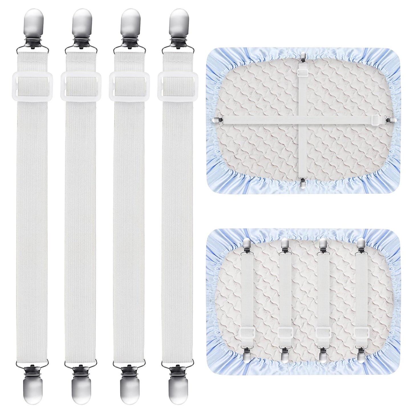 Bewudy 4 Pcs Adjustable Bed Sheet Straps Clips, Elastic Mattress Bed Sheet Fasteners, Suspenders Grippers to Hold Sheet, Mattress, Sofa Cushion(White)