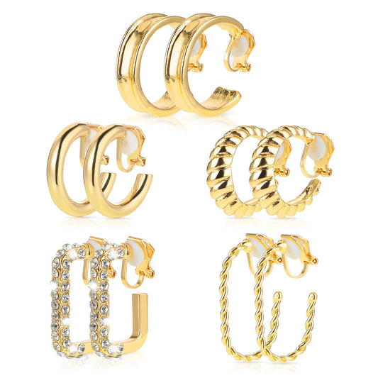 Giantree 5 Pairs Gold Clip On Hoop Earrings for Women, Trendy Geometry Classical Earrings Chunky Gold Hoops Earrings Set Lightweight Earrings Adjustable Fake Clip-On Earrings for Girls Women Gift