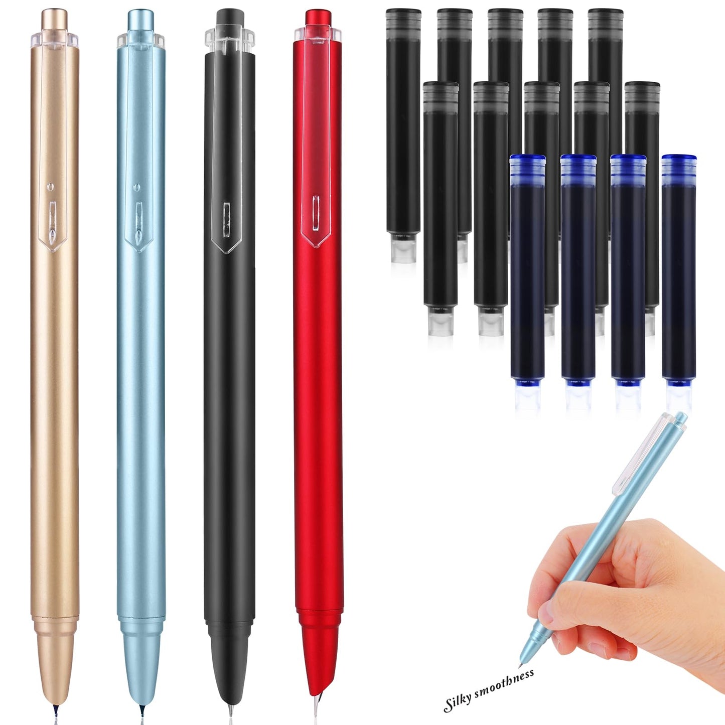 cobee Retractable Fountain Pen Set, 4 Pieces EF 0.5mm Writing Pen with 14 Pcs Ink Sac(4 Pcs Preloaded In Pen) Calligraphy Pen Smooth Writing Pen Extra Fine Point for School Office Supplies(B)