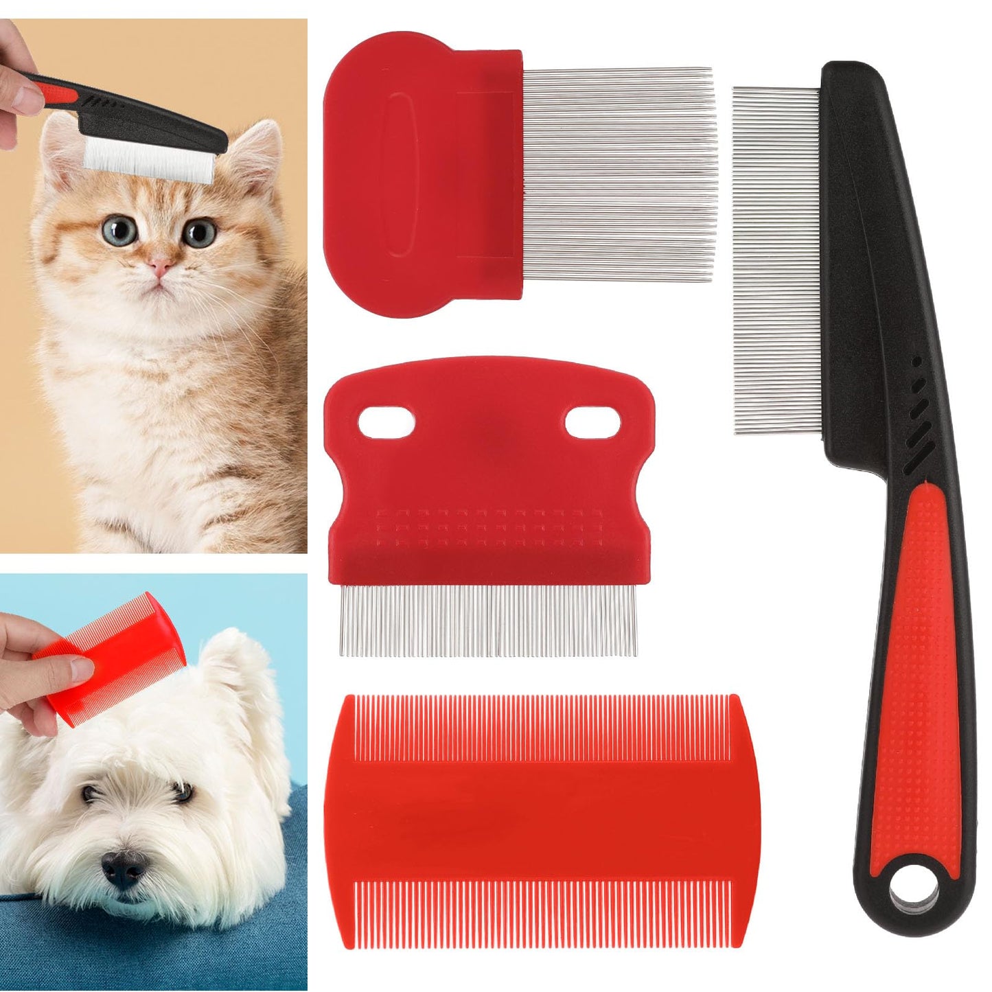 Molain Cat Dog Tear Stain Remover Comb Set, Pet Flea Lice Comb Grooming Comb Pet Hair Removal Tool Fur Comb for Puppy Kitten Multifunction (Red)