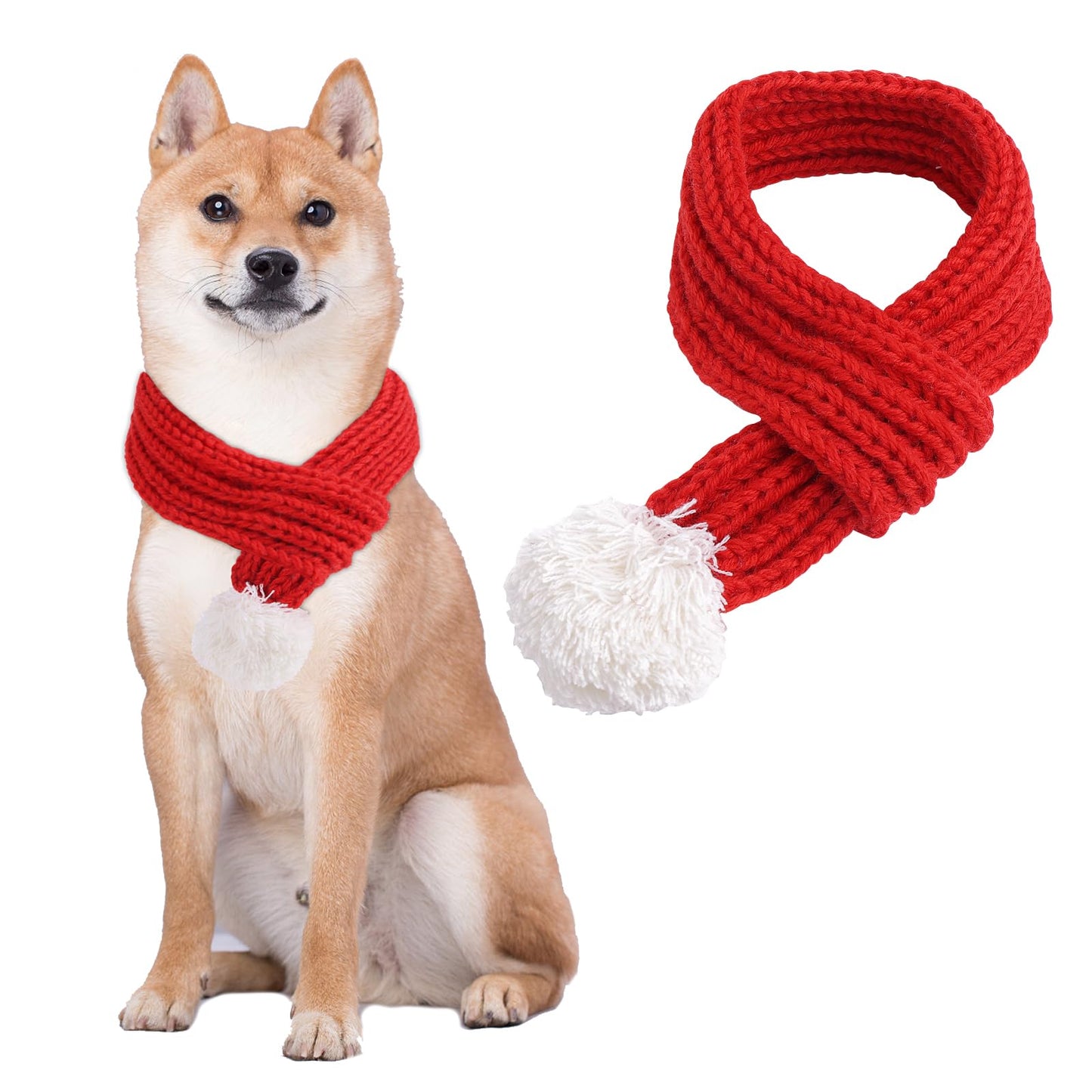 Amaxiu Christmas Cat Dog Scarf, Pet Santa Scarf Cute Knitted Winter Scarf Neck Warmer Costume Red Scarf with White Pompom Ball Xmas Dressup Outfit for Photo Props Gift Supplies (Medium)