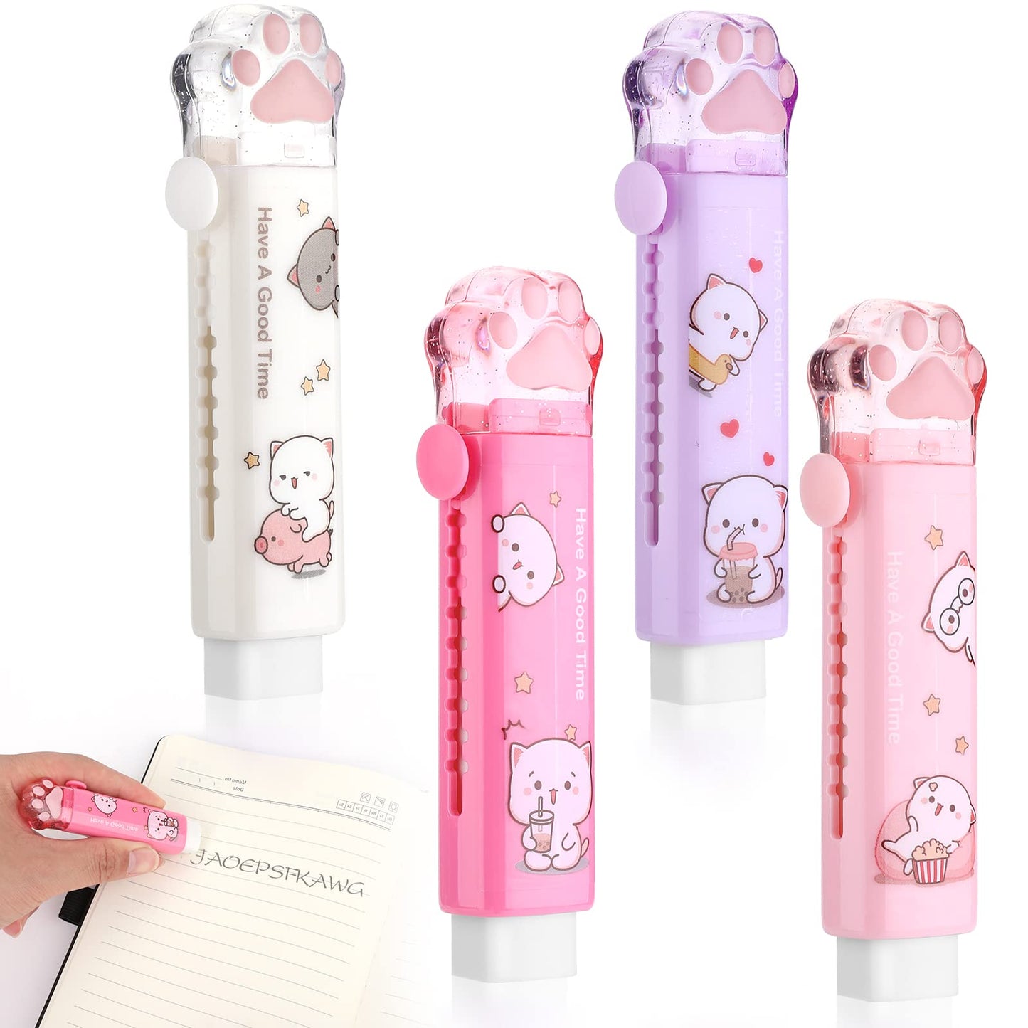 cobee Cute Cat Paw Erasers, 4 Pcs Retractable Cartoon Eraser for Kids Kawaii Push-Pull Rubber Pencil Eraser Pen-Style Erasers for Writing Drawing Office School Supplies(4 Colors)