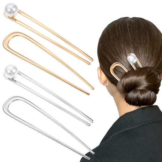 HJZHII 4Pcs French Hair Pin, Pearl U-Shaped Large Hair Pins 5.9 Inch Metal Hair Sticks Vintage French Twist Hair Fork 2 Prong Sticks for Buns Chignons Wedding Updo Hairstyles Top Knots