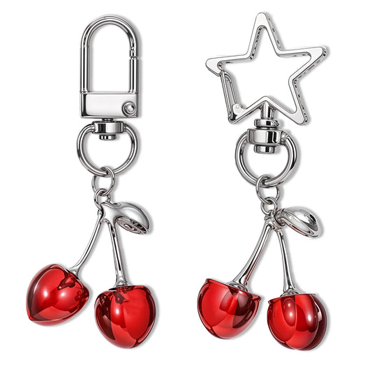 AOZUO 2pcs Cherry Keychain, Aesthetic Y2K Cherry Bag Charm Star Keyring for Women Girl Purse Car Key Hanging Pendant, Claret