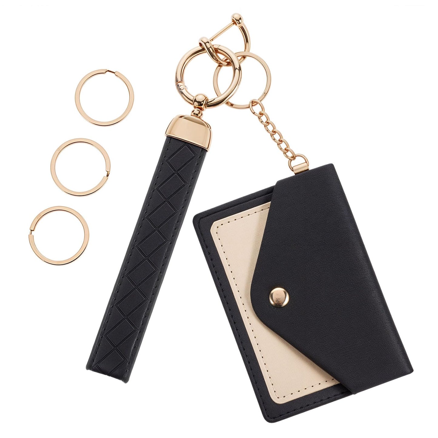 Yuanchu PU Leather Wallet Keychain, Wallet Wristlet Car Keychain Mini Card Holder Purse with D Ring for Women, Black, 11x8cm/4.3x3.1in