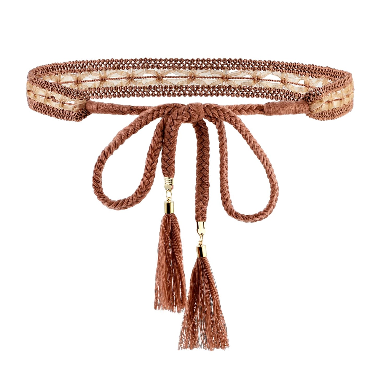 simarro Women Thin Belts with Tassel, Braided Lace Cotton Waist Rope Versatile Bowknot Waist Chain Dress Braided Belt for Dress Clothing Accessories(Brown)