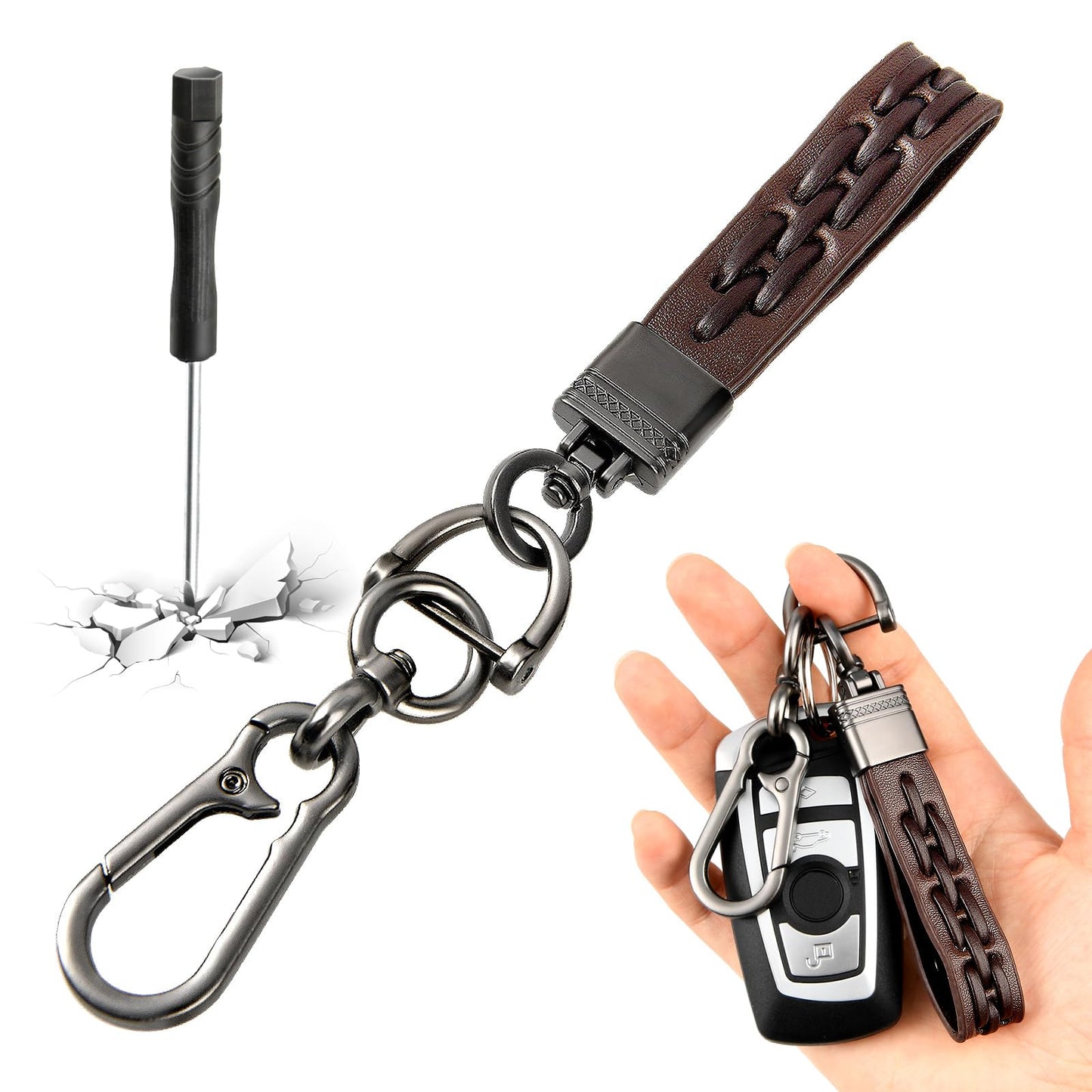 TIESOME Woven Car Key Chain, Handmade Microfiber Leather Auto Keychain 360 Degree Rotatable Key Fob Holder Anti-lost D-ring(Brown)
