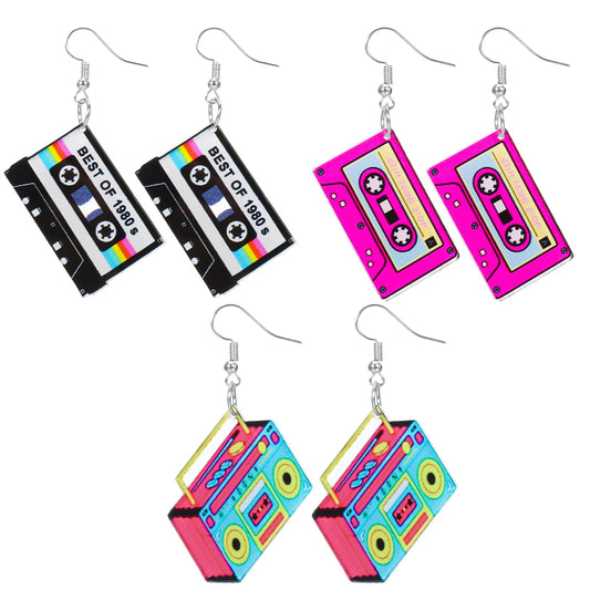 LXUEJIE 3 Pairs Retro Cassette Tape Neon Earrings for Women, 80s 90s Outfit Acrylic Radio Drop Earring, 80s 90s Neon Jewelry Accessories for Women Halloween Cosplay Gifts