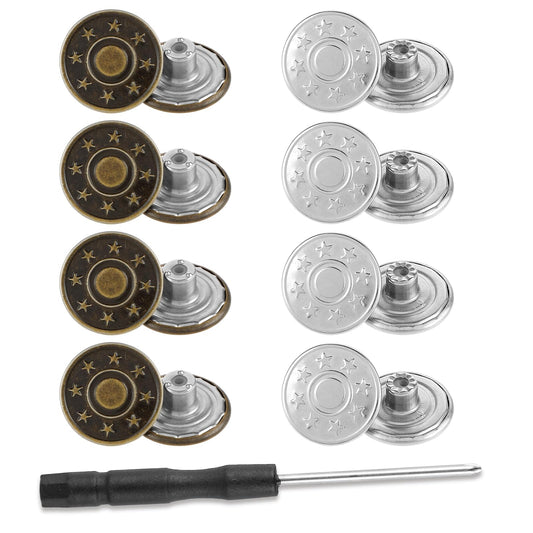 Amabro Button Pins for Jeans, 17 mm/20mm Adjustable Reusable Replacement Buttons 8 Pcs No Sew Removable Metal Buttons and No Tools Instant with Screwdrivers for Men Women(20mm)