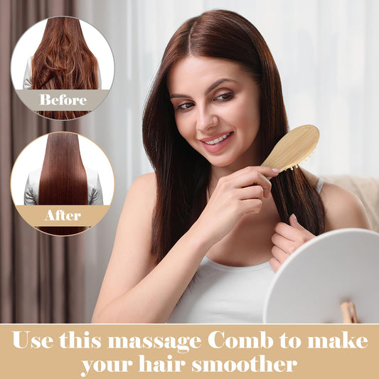 Andibro 2Pcs Bamboo Hair Brush Bamboo, Massage Comb Set Wooden Scalp Massager Wooden Hair Brush Portable Round Portable Massage Comb Anti-Static Air Cushion Hairbrush for All Hair Types