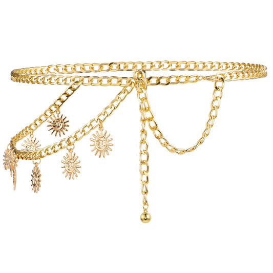 Giantree Women's Gold Metal Link Sun Moon Chain Belt, Waist Body Chain Belt for Dress Jeans Women and Girls Pendant Belly Jewelry Accessories