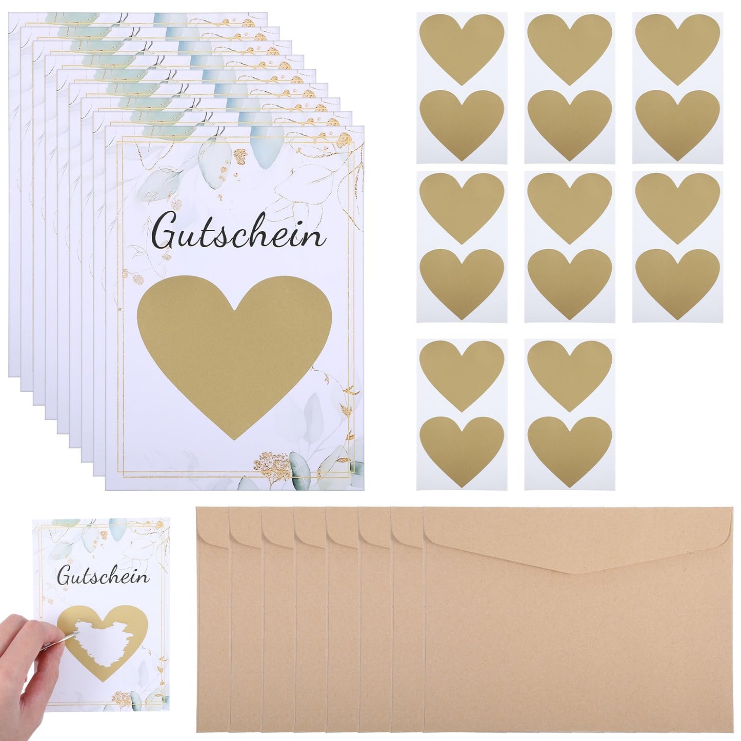 Yuanchu 8 Sets Scratch Cards to Write Yourself, with 8 Kraft Paper Envelopes and 8 Pieces Heart Shape Scratch Film Scratch Card Set for Birthday, Party, Wedding, Christmas (Green)