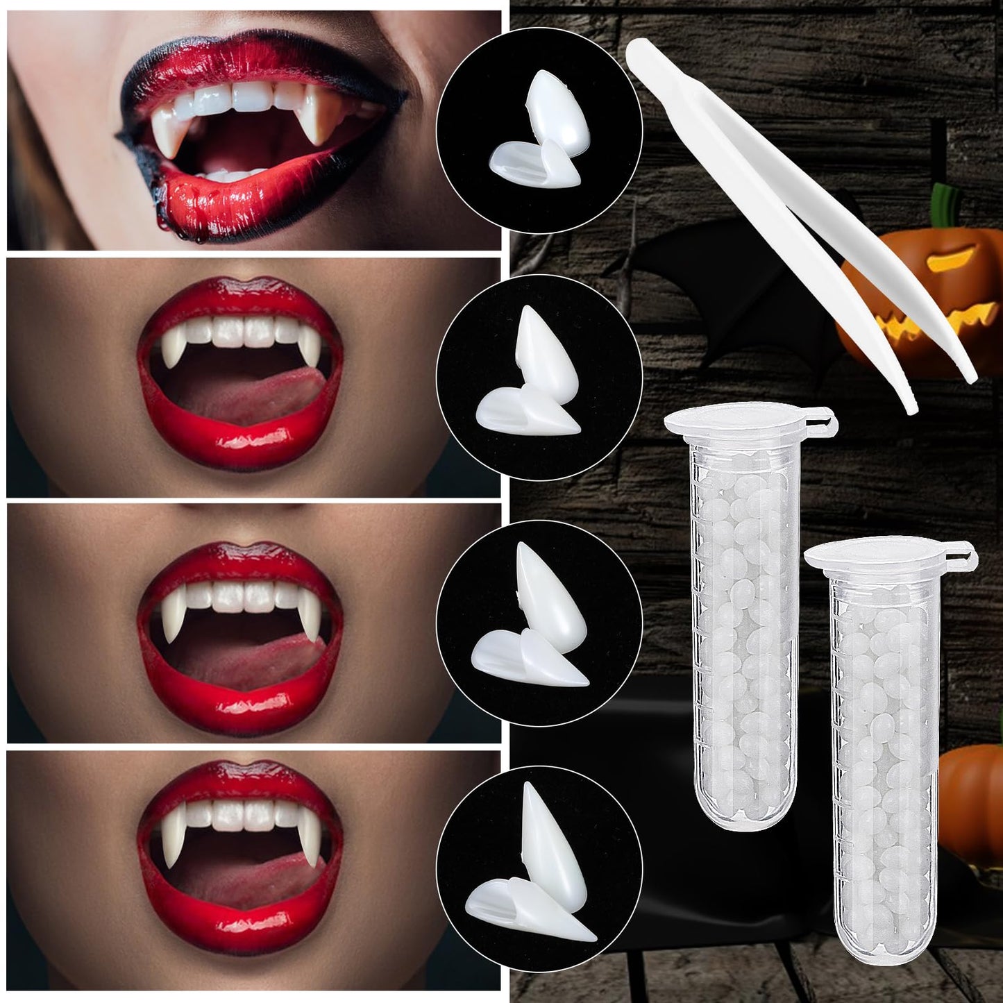 GEEHUA Vampire Fangs, 8 Pairs Halloween Vampire Teeth Scary Fake Teeth Fang with Teeth Glue Zombie Cosplay Costume Halloween Party Makeup Props Masquerade Decorations for Women Men, 4 Sizes
